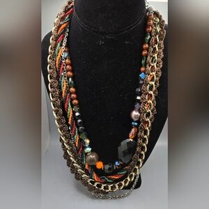 Boho Style 4 Strand Necklace Glass & Acrylic Beads Chain Crochet 18" + 2½"